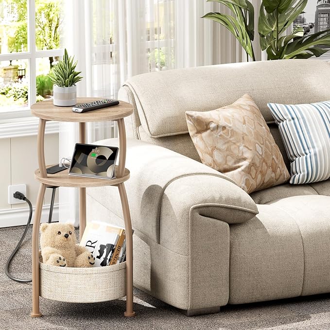 Side Table with Charging Station, Small Round End Table with Basket, USB Port and Outlet, 3 Tiers Sofa Couch Table Bedside Table for Living Room Bedroom, Small Spaces, 11.81in Light Oak