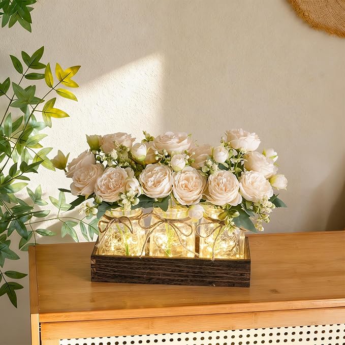 LUEUR Mason Jar Lights Centerpiece with Farmhouse Wood Tray – 3 Jars with Champagne Peony Spring Flowers, Rustic Spring & Wedding Decoration for Dining Table, Coffee Table, Kitchen & Living Room