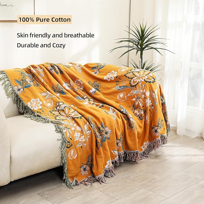Boho Large Throw Blanket, 100% Organic Cotton Breathable Soft Bed Throw - Floral Bird Farmhouse Decor Blanket for Sofa Couch Chair Quilt and Gift. (Flower-Art, 80" x 90")