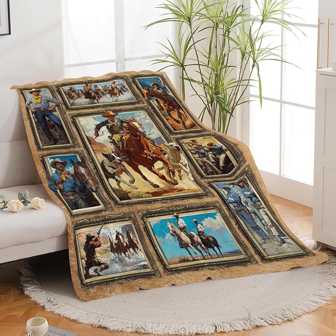Western Cowboy Blanket for Girls Women Boys Men Adults Kids Soft Cozy Fleece Country Wild West Throw Blankets Gifts Warm Flannel Plush Stuff Lightweight Decorative for Couch Bed Sofa 50"X40"