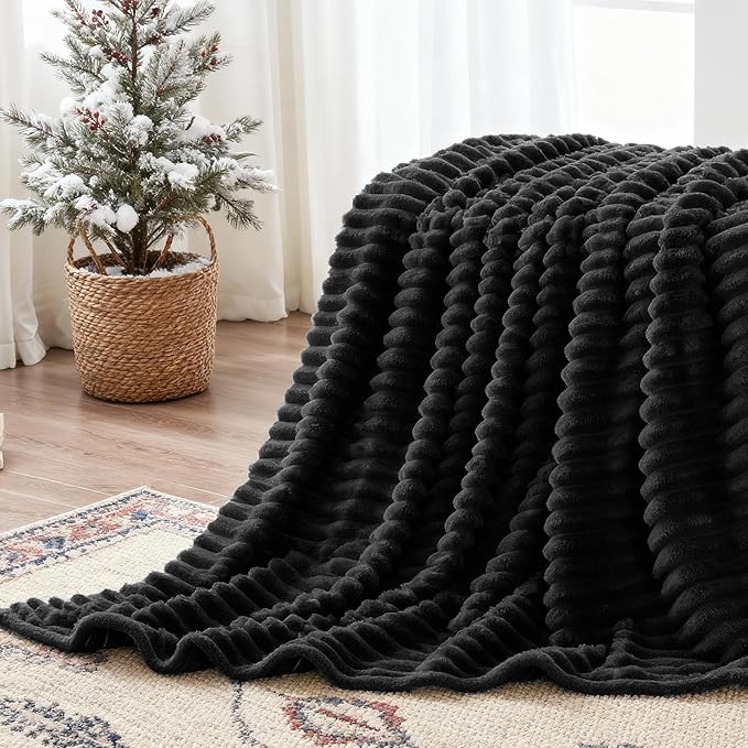 Nookly Black Twin Size Fleece Blanket, Soft Lightweight Ribbed Plush Bed Blanket, Cozy All-Season Striped Fleece Twin Throw for Bedroom and Home, 60x80 Inches