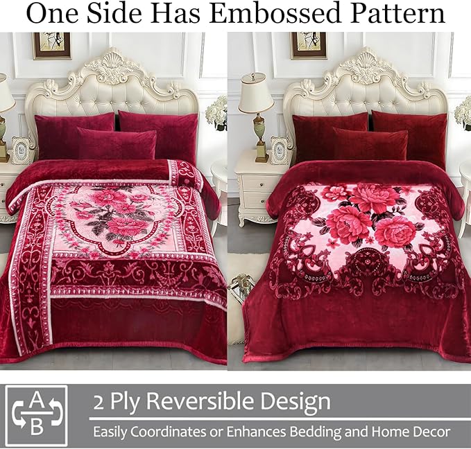 JYK Soft Fleece Bed Blanket King Size A&B Pattern Rose/Rose - 520GSM Fuzzy Cozy Luxury Warm Blanket Microfiber, 2 Ply Reversible Room Home Decor Christmas Decorations, 83" x 91 inches, 5.7 LB