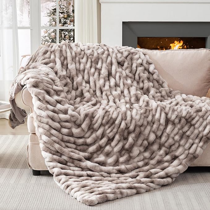 Touchat Ruched Faux Rabbit Fur Blanket, 700 GSM Luxury Dual-Sided Soft Cozy Blanket, Fuzzy Fluffy Plush Throw for Bed, Couch and Sofa - 60"x80", Tie-dye Coffee