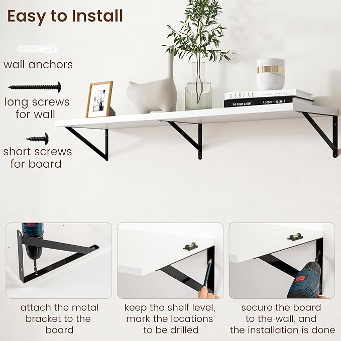 Axeman Floating Shelves for Wall White - 48 Inch Wide x 12 Inch Deep Wall Shelves Set of 2 - White Deep Wood Floating Shelves for Living Room Bedroom Laundry Room