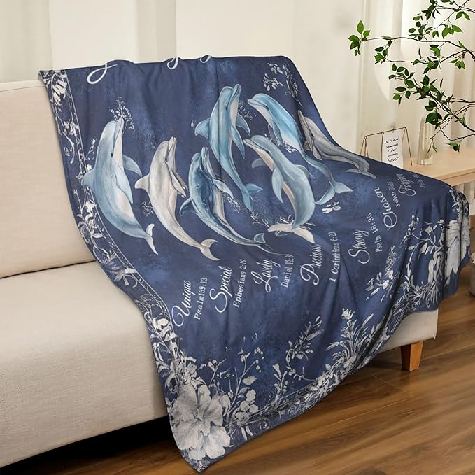 Dolphin Throw Blanket God Says You are Soft Warm Cozy Christian Scripture Dolphins Blankets Religious Bible Verse Fuzzy Plush Fleece Dolphin Blanket Nautical Ocean Gifts for Home Decor 40''X50''