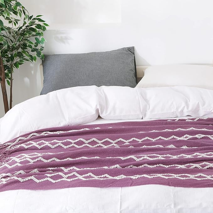 BOURINA Fluffy Chenille Knitted Fringe Throw Blanket Lightweight Soft Cozy for Bed Sofa Chair Throw Blankets, Deep Purple 60"x80"