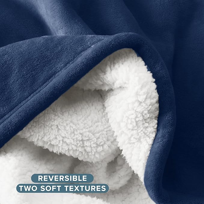 Bare Home Sherpa Fleece Blanket - Twin/Twin Extra Long - Blanket for Bed, Sofa, and Couch - Warm & Lightweight - Fluffy & Soft - Reversible (Twin/Twin XL, Dark Blue)