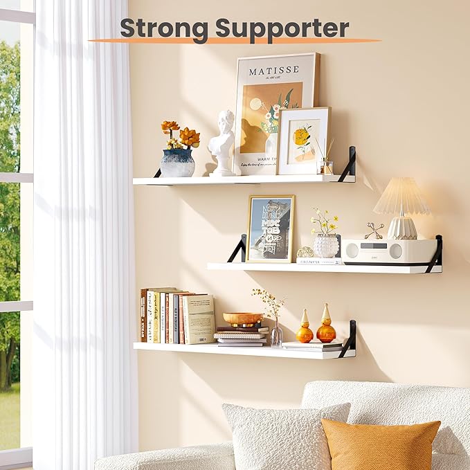 upsimples 35.4 Inches Floating Book Shelves for Wall, Long Floating Wood Shelves for Living Room, Library, Bedroom, Office Organizer and Storage, White