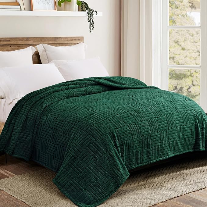 Whale Flotilla Lightweight Fleece Twin Size Blanket for Bed, Fuzzy Soft Blankets with Decorative Jacquard Pattern for All Season, Warm and Fluffy, 60x80 Inch, Emerald Green