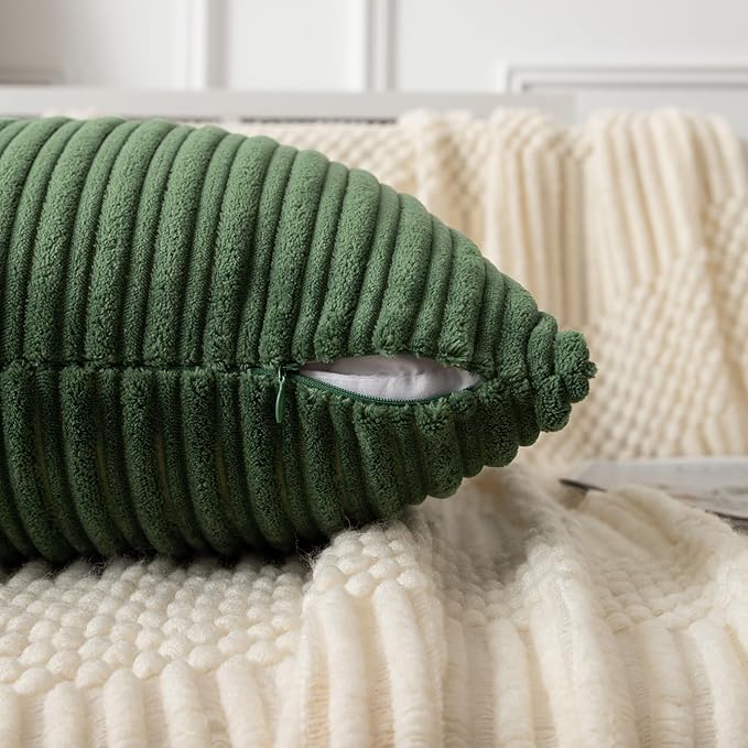 UGASA Velvet 16x16 Inch Soft Throw Pillow Covers Decorative Corduroy Striped Both Sides Solid Square Cushion Cases Boho Farmhouse for Couch Bedroom Sofa Home, Pack of 2, Moss Green
