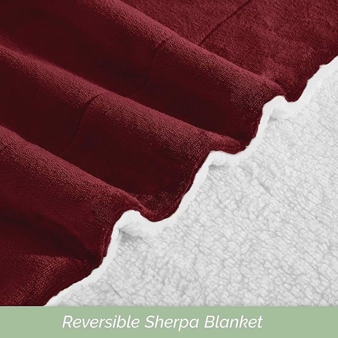 Elegant Comfort Ultra Soft Reversible Flannel Sherpa Blanket - Cozy Silky Fleece Throw for Couch, Bed - Plush Fuzzy Warm Winter Blanket for Gift, King, Burgundy