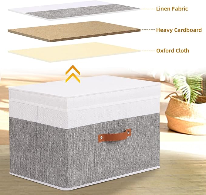 5 Pack Storage Bins with Lids, Linen Foldable Collapsible Boxes, 15 x 9.8 x 9.8 Inch Storage Baskets with Handles for Shelves, White and Grey