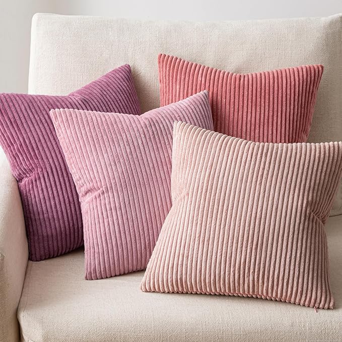 EMEMA Aesthetic Pink Decorative Throw Pillow Covers for Couch Bed Livingroom 18x18 Inch Set of 4 Cute Coquette Corduroy Boho Square Pillow Case,Western Modern Cushion Covers Home Spring Decor