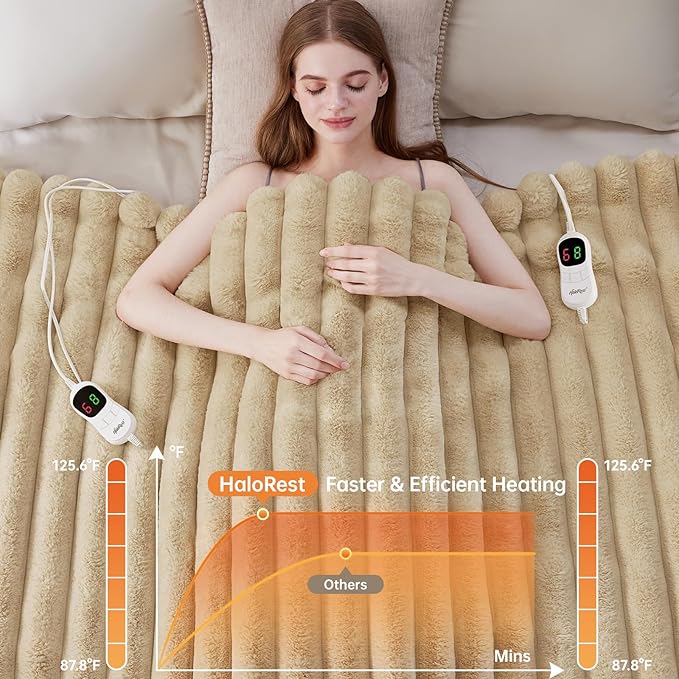 Heated Blanket Queen Size, Faux Fur Cozy Heating Blanket with Overheat Protection, 1/2/4/6/8 Hours Auto-Off 10 Heat Level, Machine Washable (84x90 Inches, Beige)