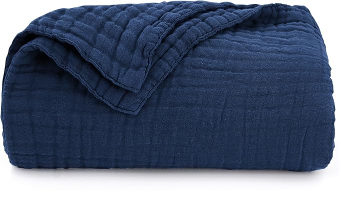 Love's cabin 100% Cotton Muslin Blanket, 6 Layer Lightweight Breathable Gauze Large Throw Blanket 50 x 70 Inches, Soft Cooling All Season Blanket for Couch or Sofa, Dark Blue