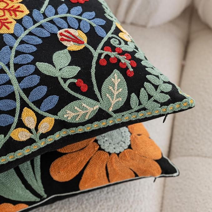 YIcabinet Pack of 2 Throw Pillow Covers,Colorful Flowers Embroidered Pillow Case Soft Decorative Pillowcases for Home Sofa Couch 18x18 Inch