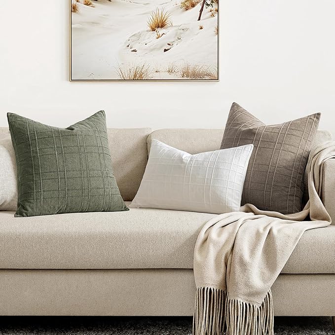 MIULEE Decorative Linen Check Euro Shams Throw Pillow Covers Neutral Farmhouse Vintage Pillow Covers 24x24 Set of 2 Boho Modern Winter Home Decor for Sofa Couch Bedroom Cushion Tan Taupe