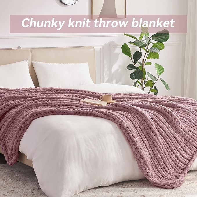 Chunky Knit Throw Blanket, 80''*90'' Knitted Throw Chenille Yarn for Bed Couch, Handmade Muted Pink Crochet Big Thick Blanket, Machine Washable Cute Comfy Blanket for Home Decor