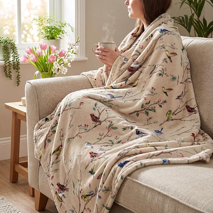 Horaldaily Spring Summer Flannel Blanket Throw, Birds Branch Biege Floral Soft Fuzzy Plush Cozy Fleece Blankets for Couch Sofa Bed Lounging, Ideal Gifts for Kids Adults Self, 50x60