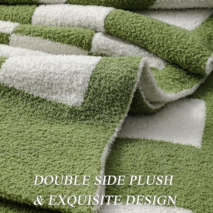 bearberry Fuzzy Checkerboard Grid Throw Blanket Soft Cozy Warm Microfiber All Season Blanket Decor for Couch Sofa Bed Travel Home (Avocado Green, 50''x60'')