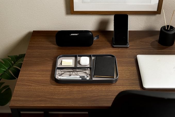 MUUJEE Leather Catchall Multitray (Design 2) - 11.65 x 7.75 x 0.8, Mountain Design Embossed Minimalist Wallet Tray for Men, Thoughtful Husband Gift, Desk EDC Organizer for Watch Keys Glasses, Gray