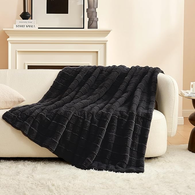 Cozy Bliss Fluffy Faux Fur Throw Blanket for Couch,Warm Cozy Soft Black Throw Blankets for Sofa Bed Living Room,50x60 Inches