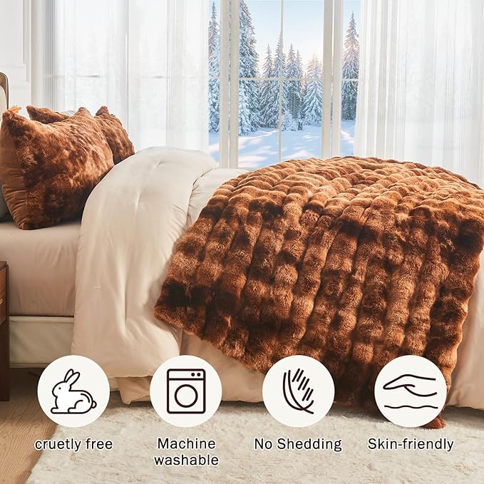 EMME Faux Fur Blanket Twin Size Tie Dye Dark Brown - Big Bubble Rabbit Cozy Blanket for Couch, Thick Furry Plush Shaggy Blankets, 650GSM, 60x80 Inches