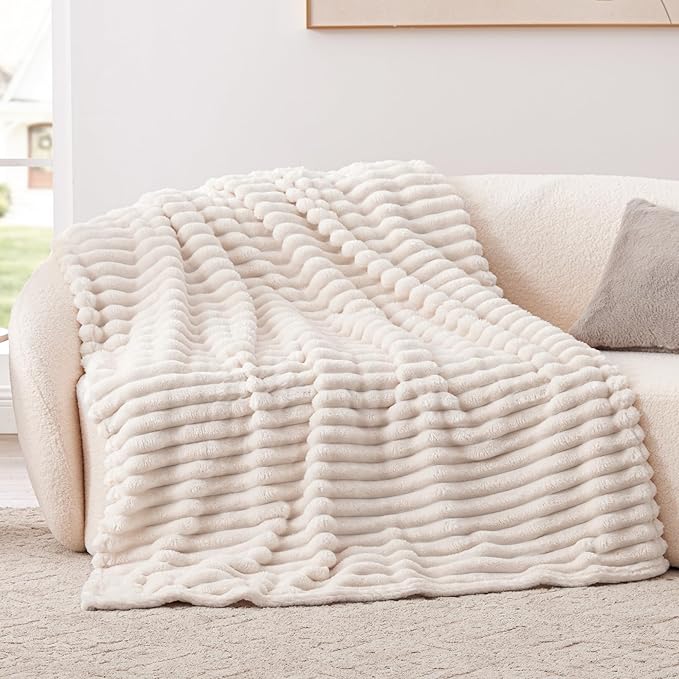 EXQ Home King Size Blanket for Bed or Couch - 3D Stripe Jacquard Decorative Fleece Blankets - Cozy Soft Lightweight Fuzzy Flannel Blanket Suitable for All Seasons(90"×108",Beige)