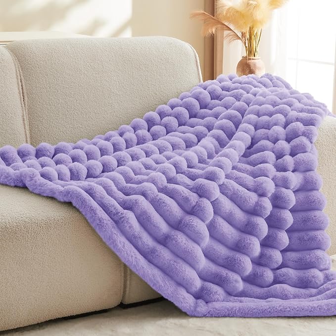 BEDELITE Faux Fur Throw Blanket for Couch, Soft and Cozy Luxurious 3D Striped Fluffy Blanket, 770GSM Thick Warm Plush Fuzzy Faux Rabbit Fur Blanket for Women Gift (Lavender, 60"x 80")