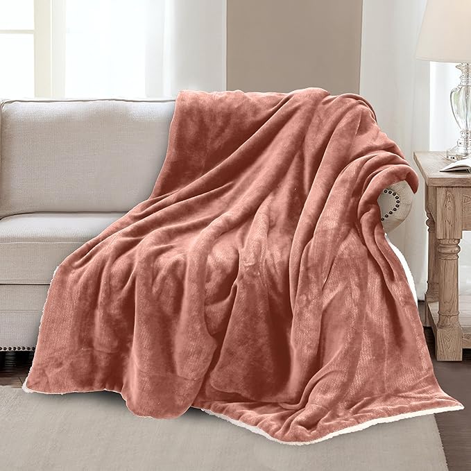 Mocassi Premium Ultra-Soft Velvet Touch Flannel Fleece Sherpa Throw - Warm Cozy Reversible Plush Micromink Throw Blanket for Couch, Bed and Sofa - Fluffy, Christmas Winter Bedding Gift, Coral