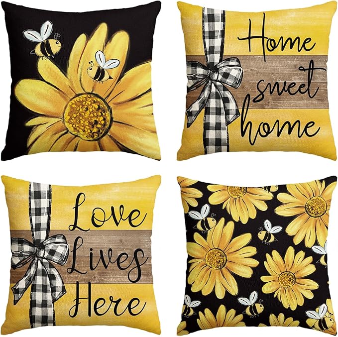 AVOIN colorlife Home Sweet Home Bee Sunflower Black Throw Pillow Covers, 16 x 16 Inch Love Lives Here Spring Summer Stripes Cushion Case for Sofa Couch Set of 4