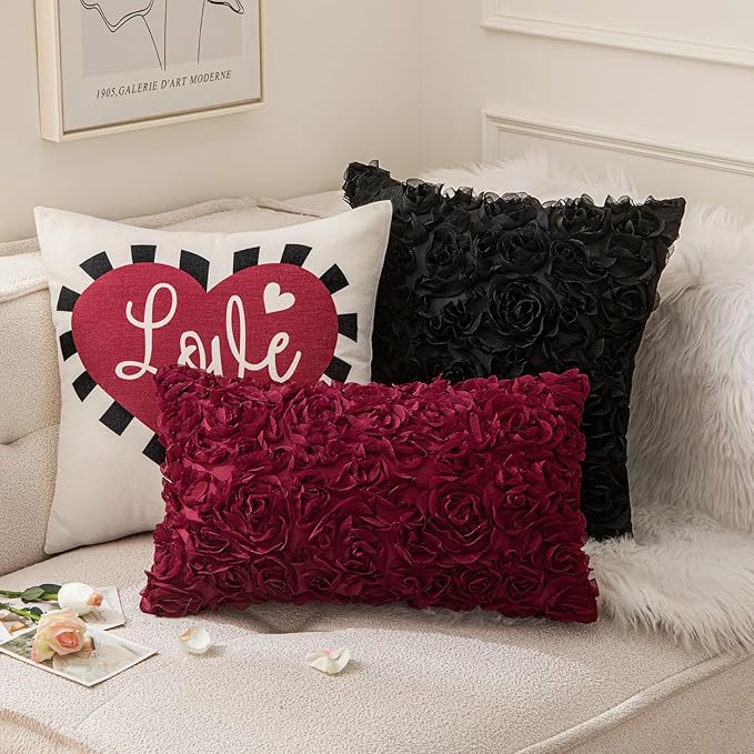 MIULEE 3D Rose Flower Pillow Cover Decorative Spring Floral Romantic Stereo Chiffon Aesthetic Solid Pillowcase for Girl Bedroom Living Room Decor 12x20 Inch Wine Red