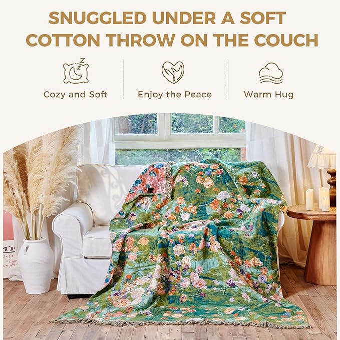 Boho Throw Blanket for Bed Cotton Spring Blankets Twin Size for Bedroom Living Room All Season Lightweight Floral Embroidery Reversible Quilt for Couch Sofa Chair 60"x80" Home Decor