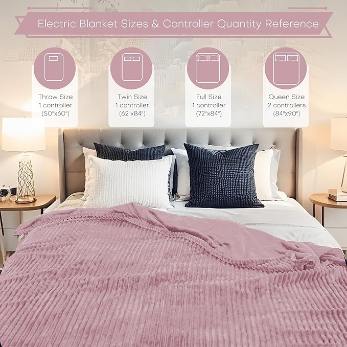 Electric Heated Blanket Twin Size 62"x84" with Cozy Flannel, 6 Heat Settings & 10 Hours Auto Off, Soft & Cozy Warming Throw for Home, Office, or Bed, Machine Washable, Pink
