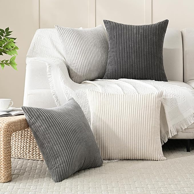 Volcanics Set of 4 Neutral Grey Corduroy Decorative Couch Throw Pillow Covers 20x20 Inch, Western Modern Farmhouse Striped Cushion Cases, Soft Boho Square Accent Pillow Covers for Home Sofa