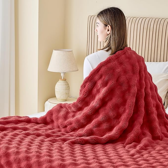 NEWCOSPLAY Throw Blanket for Couch Red Super Soft Flannel Fleece 3D Bubble Lightweight Bed Blanket All Season Use (Red, Throw(50"x60"))