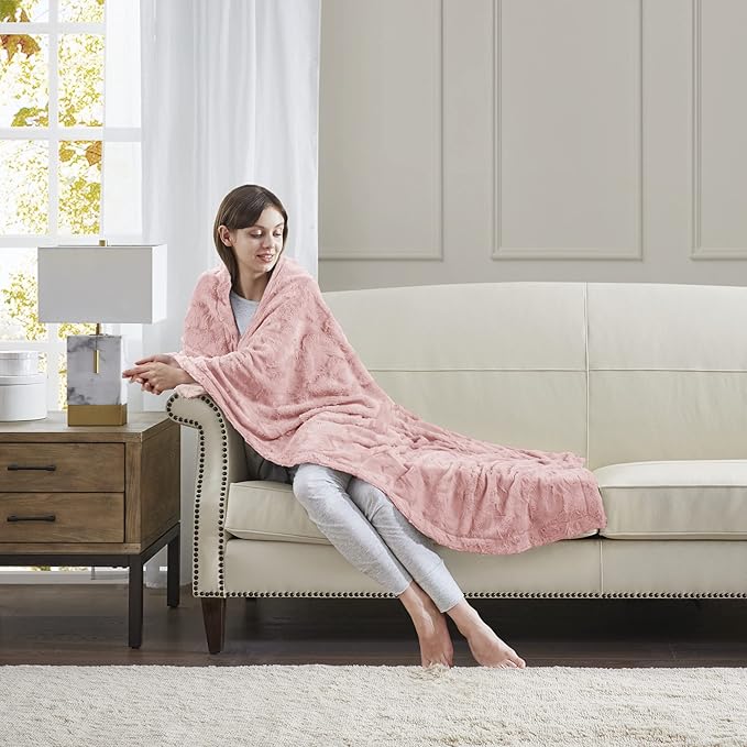 Madison Park Zuri Soft Plush Luxury Oversized Faux Fur Throw Animal Stripes Design, Faux Mink On The Reverse, Modern All Seasons Blanket for Bed, Sofa Couch, Office, Blush, 60x70