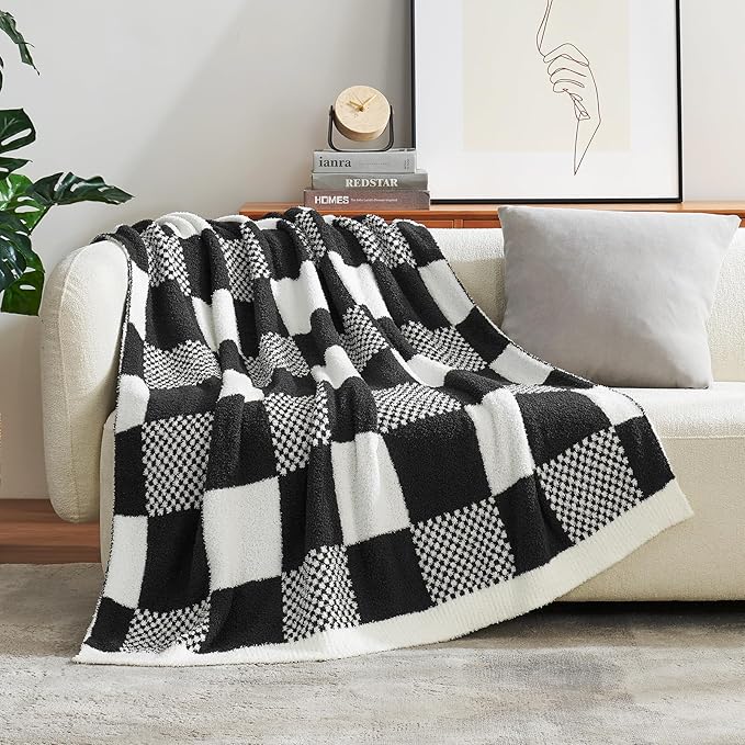 Snuggle Sac Checkered Blanket, Black White Throw Blanket for Couch Plaid Microfiber Fluffy Warm Fuzzy Cozy Soft Throw Blanket Reversible Checkerered Blankets for Sofa, Chair, Bed, Twin(60"x80")