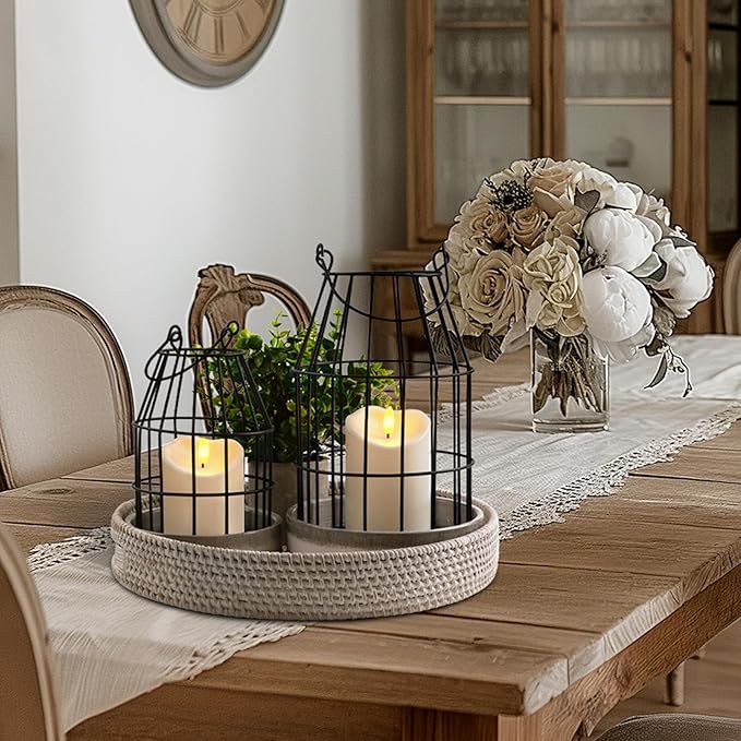 Homemory Rustic Farmhouse Lantern Decor with Flameless Candle & Remote Timer, 2PCS Stylish Metal Candle Holder Home Decorations for Fireplace Mantle Kitchen Dining Table Living Room