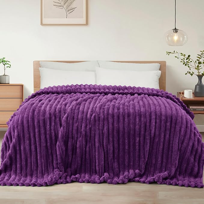 Exclusivo Mezcla Twin Size Flannel Fleece Blanket, Super Soft Striped Jacquard Bed Blanket, Lightweight Fuzzy Cozy for All Seasons, 60x80 Inches, Purple