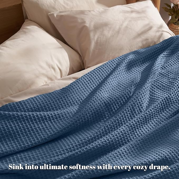 PHF Ultra Soft Waffle Weave Blanket Twin Size 66"x 90"- Washed Lightweight Breathablee Cozy Woven Blanket - Great for Couch Bed Sofa Home Car - Navy Blue