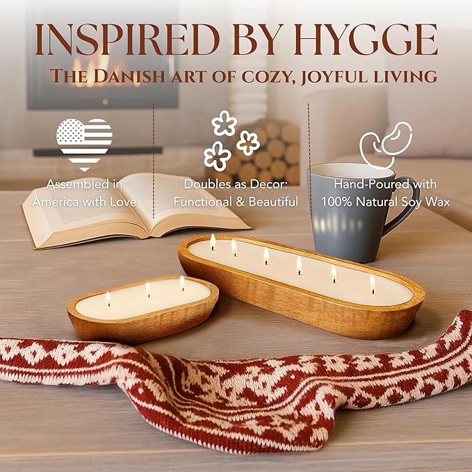 Dough Bowl Candle Co. Clean Cotton Soy Candle - 3 Wick Rustic Farmhouse Decor Odor Eliminator in Ornamental Wooden Bowls, 20 Ounce All-Natural Gifts for Women and Men, Wooden Dough Bowls for Decor