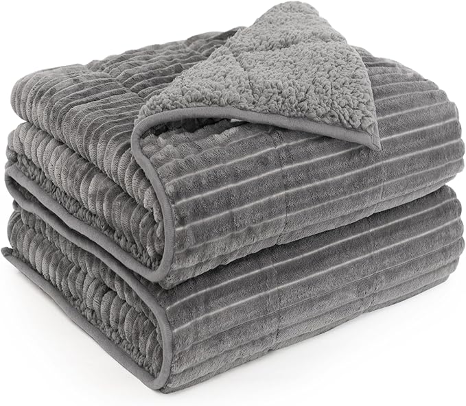 Sherpa Fleece Adult Weighted Blanket with Ribbed Stripes, 15 Pounds Dual Sided Soft Plush Blanket for Couch Bed Sofa, Heavy Thick Blankets with Ceramic Beads Great for Sleep, Grey, 48" x 72"