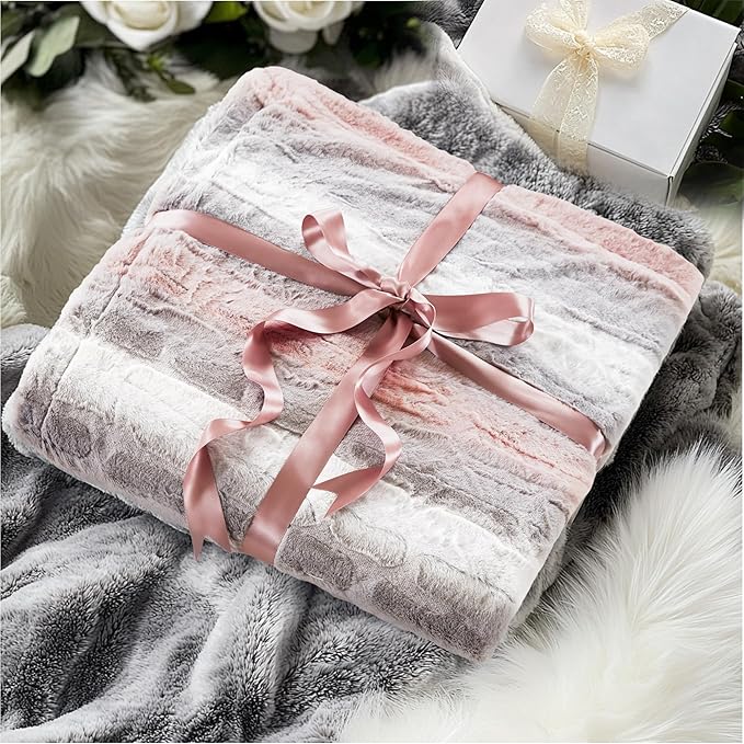 Madison Park Ultra-Soft Poly Fur, Reversible Plush, All Season & Lightweight Fuzzy Blanket for Bed, Couch & Sofa, Zuri, King/Cal King Blush/Grey