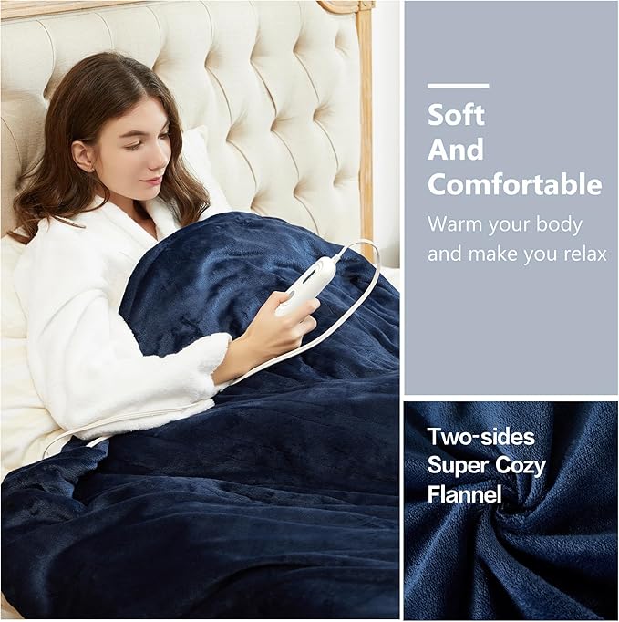 Tefici Electric Heated Blanket Twin,Super Cozy Soft 2-Layer Flannel 62" x 84" Heated Twin Size with 3 Heating Levels 8 Hours Auto Off, Machine Washable, ETL and FCC Certified, Home Office Use, Blue
