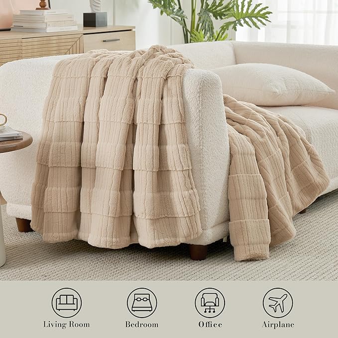 Amélie Home Luxury Striped Faux Fur Throw Blanket for Couch, Soft Cozy Fuzzy Fluffy Soft Plush Blankets Sofa Chair Gift Blankets for Women, 60"x80", Beige