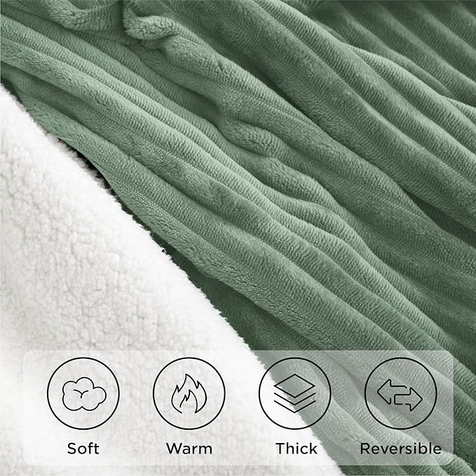 Sherpa Throw Blanket for Couch - Super Soft & Thick, Green Throw Blanket, Warm Blankets for Winter, Fluffy Blanket for Sofa Bed, Striped Fleece, Sage, 50"x60"
