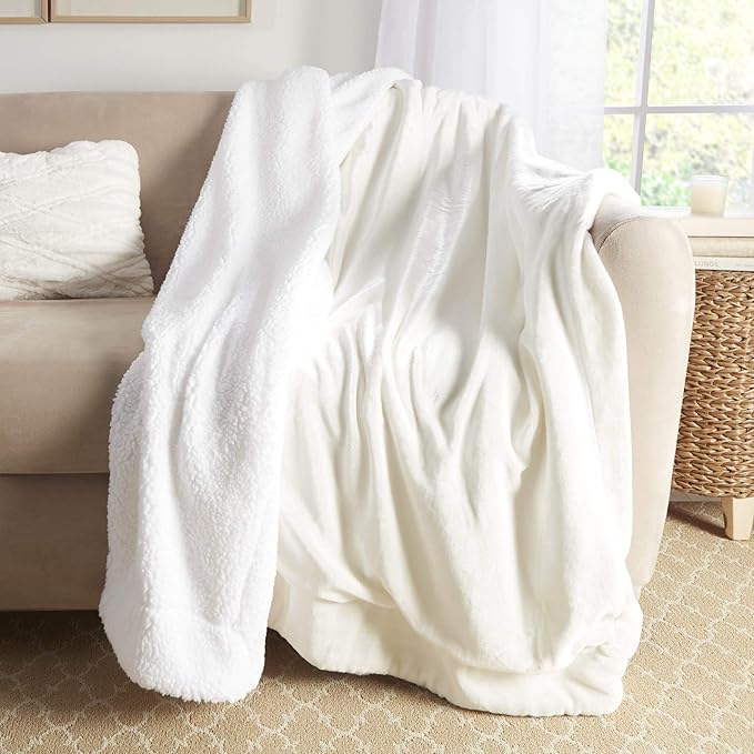 Genteele Sherpa Throw Blanket Super Soft Reversible Ultra Luxurious Plush Blanket, 50 x 60 inches, Ivory/White