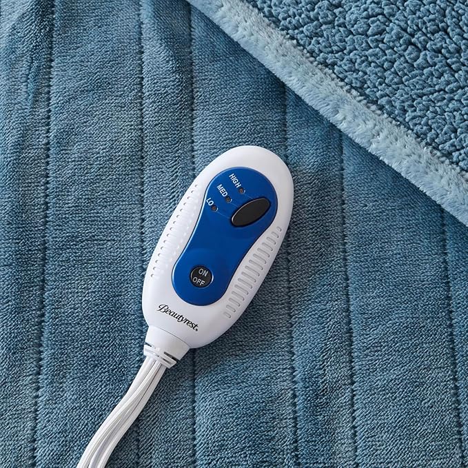 Beautyrest Heated Blanket, Electric Throw Blanket, Soft, Warm, Reversible Plush - Sherpa Heating Blanket Throw, 3 Heat Settings, 2 hr Auto Shut Off, Machine Washable, Oversized 60 in x 70 in, Blue