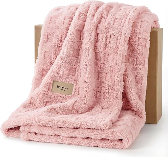 Bedsure Waffle Fleece Blanket for Couch - Light Pink GentleSoft Fluffy Checkered Twin Blanket for Sofa Bed Room Decor, Warm Cozy Cute Women Gift, 60x80 Inches
